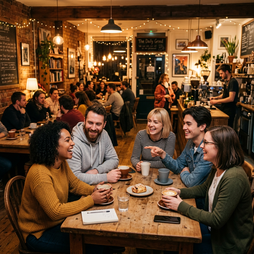 Five friends sitting around a wooden table with coffee cups and a pastry in a warmly lit café, chatting and smiling.